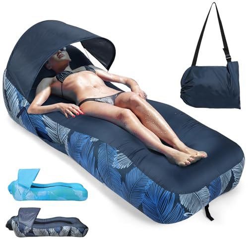 Outplea Aufblasbares Sofa mit Sonnenschirme, Luftsofa Faltbar Tragbar, Wasserdicht Camping Sofa mit Tasche, Strandliege Air Lounger mit Mesh-Rücken für Garten Strand Picknick, Marineblaue Feder