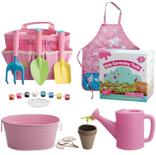 Banziaju Ensemble de Jardinage pour Les Tout-Petits de 11pcs, Ensemble de Jardinage pour Enfants, incluez Une Pelle, Un râteau, Une Fourche, Un Pot de Fleurs, Un Tablier, Un arrosage