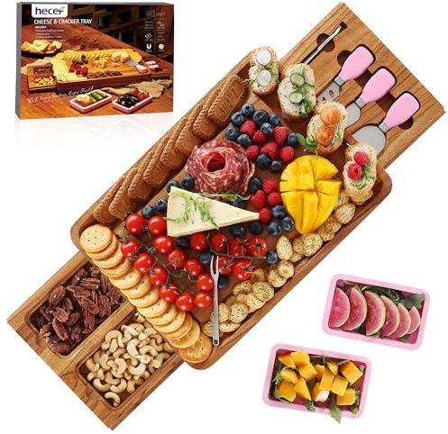 hecef Tabla de Quesos de Madera, Incluye Gran Tabla para Quesos y Aperitivos con Cuchillos, Tenedores de Postre, 2 Magnéticos Ocultos y Cuencos de Silicona Rosa, Regalo Ideal para Navidad y Fiestas