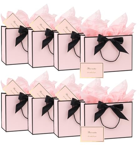 8Pack Medium Gift Bags with Handle,Bow Ribbon,Tissue Paper and card, 20x28x10cm Thank You Favor Bag for Graduaction Wedding Bridal Birthday Party Baby Shower Valentine Retirement (Pink&Black)