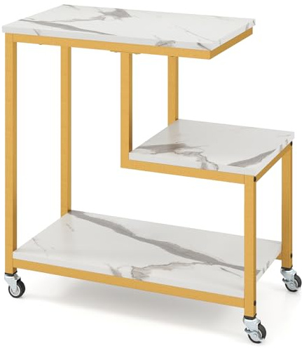 COSTWAY Beistelltisch mit Rollen, 3-stöckiger Sofatisch Marmor Optik, Kaffeetisch, Kleiner Couchtisch für Wohnzimmer, Schlafzimmer, Arbeitszimmer