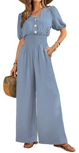LOOKBOHO Jumpsuits for Women Dressy Formal V Neck Short Sleeves Wide Leg Rompers Puff Smocked High Waist One Piece Blue XL