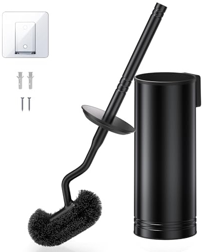 HAMITOR Brosse Toilettes WC en Acier Inoxydable : Brosse WC Murale (sans perçage), Nettoyage en Profondeur sous Le Rebord, Support Anti-Goutte et à séchage Rapide, Long Manche, Noire