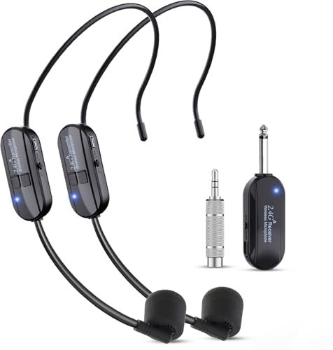 Wireless Microphone Headset Double Professional: Cordless Mic Head for Two People, Heads Handheld Mics 2 in 1- USB-C Rechargeable - 1/4'' and 1/8'' Plug for PA System, Voice Amplifier,Teaching,Fitness