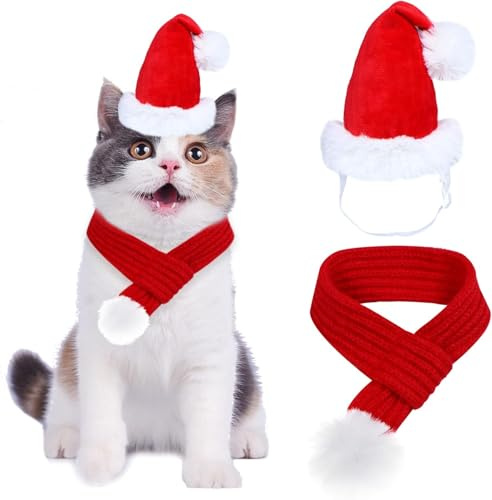 2PCS Costume de Noël pour Chat, Bonnet et Écharpe de Noël pour Chat, Deguisement pour Chats Noels avec Écharpe Réglable, Costume de Noëls pour Animaux de Compagnie pour Chats, Chiots, Petits Chiens, S