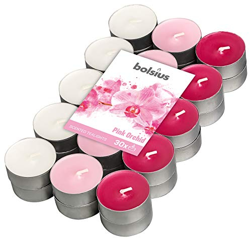 Bolsius Multicolor Tealight Profumate - Fragranza Orchidea - Set di 30 Pezzi - 3 Colori - Lunga Durata di 4 Ore - Candele Decorative - Cera - Senza Fumo