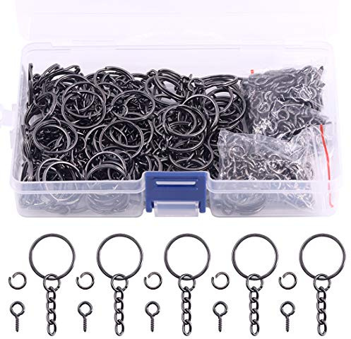 Swpeet 450pcs 4/5 20mm Brons nyckelring Ringar Kit, inklusive 150pcs nyckelring ringar med kedja och hopp ring med skruv öga stift Bulk för smycken resultat att göra (20mm, Gun-svart)