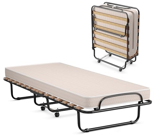 GOPLUS Cama Plegable 80 x 190 cm, Somier Abatible Vertical con Colchón de Memory Foam de 6,5 cm, Marco de Metal con 4 Ruedas, Cama Mueble de Invitados para Dormitorio, Oficina, Carga 120 kg (Beige)