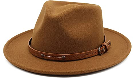 Khaki Klassischer Filz Fedora Hut Breite Krempe Floppy Panama Hut Herbst Winter Jazz Hut mit Nieten Gürtel Schnalle Band und Verstellbarer Kordelzug