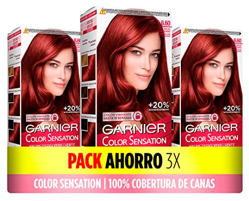 Pack de 3 Cajas de Coloración Color Sensation de Garnier: Color Vivo y Duradero, Cobertura Completa de Canas, 6.60 Rojo Intenso, El embalaje puede variar