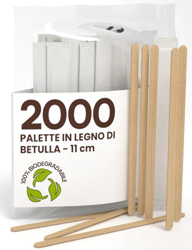 2000 Palette Lunghe da Caffè e Cappuccino Monouso in Legno di Betulla da 11cm, Imbustate Singolarmente, Biodegradabili e Compostabili, Resistenti al Calore per Mescolare Caffè e Bevande