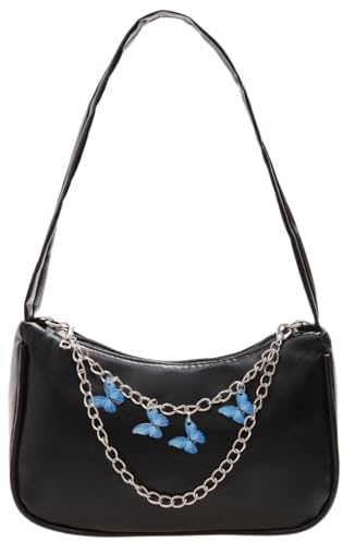 ZXYLX 1-teilige Handtasche, Damenhandtasche, modische lässige kleine Handtasche, Umhängetasche mit Schmetterlingskette, Clutch aus PU-Leder, Umhängetasche mit Reißverschluss (schwarz)