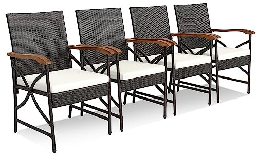 COSTWAY Garden Dining Chairs Set of 4, Outdoor Wicker Rattan Chairs with Zippered Removable Cushions & Acacia Wood Armrests, All-Weather Patio Bistro Armchairs for Balcony, Backyard Lawn Poolside