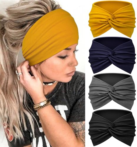 Blooms Wide Headbands for Women's Hair, Soft Headband Elastic Head Bands Adult Women Knotted Hair Bands for Women Yoga Fashion Head Band Hair Accessories 4 Pcs