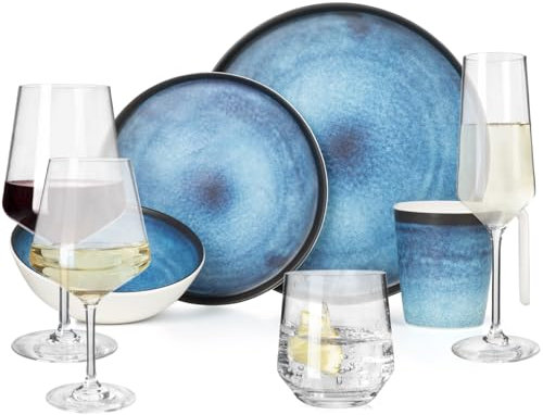 Vaisselle de camping en mélamine - Pour 4 personnes - Océan profond + 16 verres Milano - Verres à vin - Verres à champagne - Vaisselle de table pour pique-nique et barbecue
