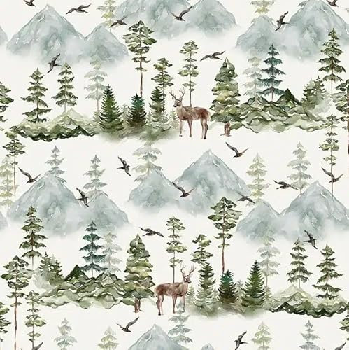 Carta da parati murale in legno di pino 3, motivo foresta con montagne e cervi, tema naturale acquerello