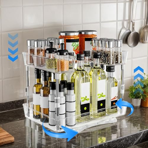 Gewürzregal Drehteller Organizer 2 Etagen: Drehtablett Ohne Bohren Drehbarer Hoch Skalierbar Spice Rack Gewürzhalter für Kitchen Kühlschrank Cabinet Schminktisch Schreibtisch (1, 35.3x24.7x26-37cm)