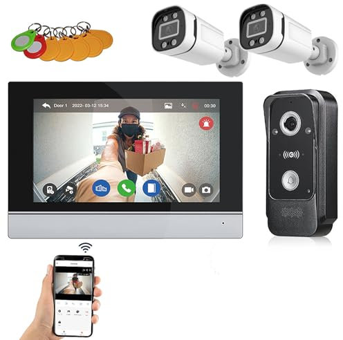 Set videocitofono con WiFi, fotocamera HD 1080p, schermo da 7 pollici, 2 telecamere esterne, visione notturna, app per smartphone