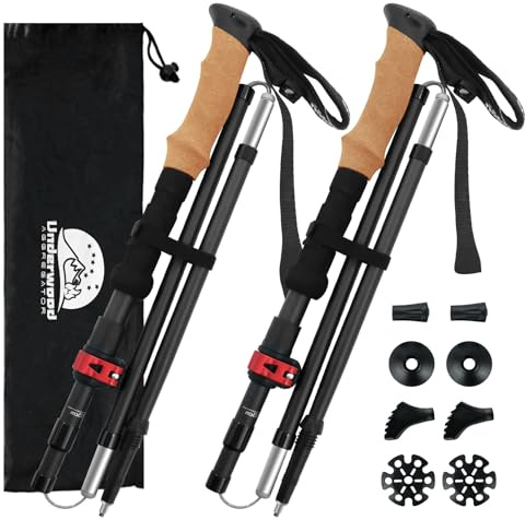 UnderwoodAggregator Bastones de Trekking de Fibra de Carbono - Paquete de 2, Bastones de Senderismo Ligeros y Ajustables para Hombres y Mujeres, Bastones Plegables con Cierre Rápido