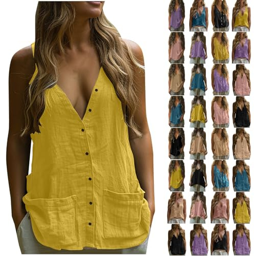 Cotton Linen Tank Tops for Women UK Clearance 2025 Plain Summer Sleeveless T-Shirts Ladies Button Up Vest V-Neck Cotton-Linen Retro Vests Lightweight Breathable Blouses Casual Loose Solid Tee Shirt