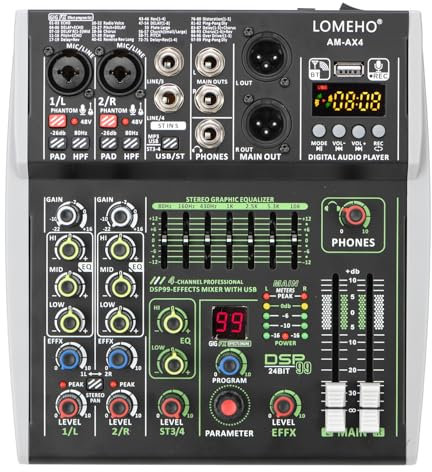 Mesa de Mezclas de Audio, Consola de mezclas de 4/6 canales con entrada de 48 V, 99 efectos DSP, mezclador de DJ con Bluetooth, USB, PC, reproducción, grabación, podcast, mesa de sonido AM-AX4(4 Chann