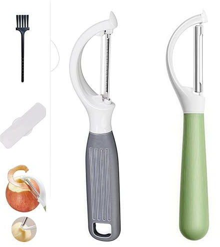 RQzaufania - Juego de 2 peladores de patatas giratorias de acero inoxidable, protección y cepillo de limpieza, herramienta de pelado de cocina para (verde frijol y caqui)