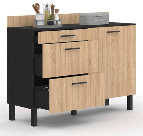 IDMarket - Buffet Bas casserolier de Cuisine 120 cm CINA Plan de Travail H.83 cm 1 Porte + 3 tiroirs Noir et façon hêtre