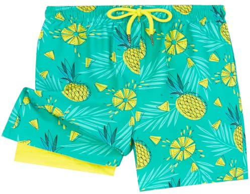 UMELOK Boys Swim Trunks Swimsuit Boxer Brief 2 in 1 Neon Pineapple 10/12