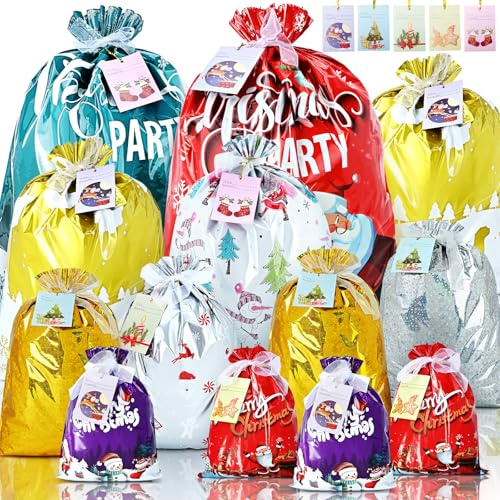 Christmas Wrapping Gift Bags, 20Pcs Xmas Gifts Bags Large Medium Small for Presents with 20 Tags for Birthday Holiday Party, Luxury Santa Claus Ornament with Ribbon for Family Friends