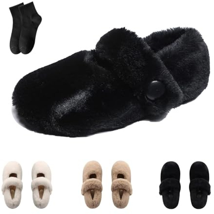 POIOZXD Ballerine da donna in pelliccia, comode, foderate in pelliccia, scarpe Mary Jane invernali, calde e comode, morbide pantofole da casa con cinturino con fibbia, Nero , 43 EU