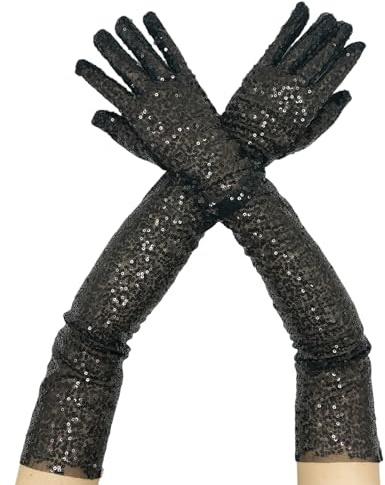 MALSSE Guanti da sera con paillettes per donne Halloween Cosplay costume puntelli carnevale spettacoli teatrali eleganti guanti da sera, Nero , Taglia unica