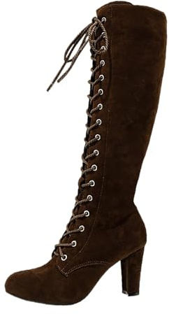 Generisch 2026 Bottes hautes tendance avec fermeture éclair latérale à lacets, bottes confortables avec talon pour l'hiver, marron, 36 EU