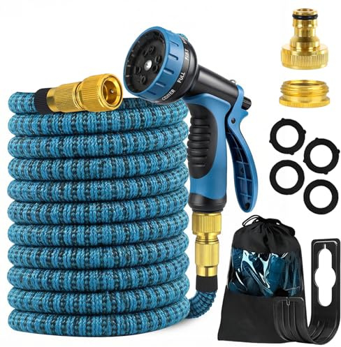Evviee Manguera Jardin Extensible, Manguera Extensible 30 Metros con 10 Boquillas de Patrón de Pulverización Conector de Latón Tela 3750D Manguera, Adaptadores de 1/2 y 3/4 para Jardinería