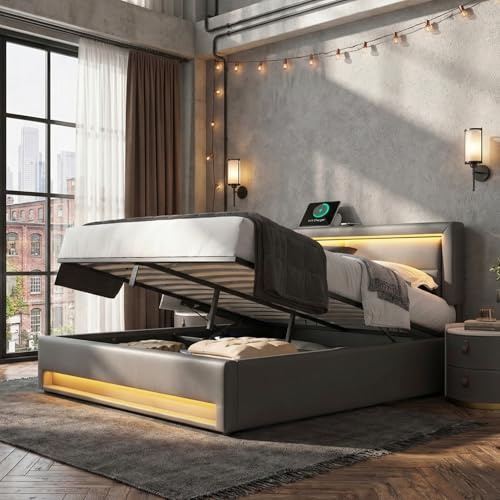 Double Ottoman Bed Frame with Hydraulic Storage & Adjustable Headboard, 4ft6 Upholstered Platform Bed Frame with LED & USB & Wireless Charging, Gas Lift Up Storage Bed with Slats,Grey, PU,No Mattress
