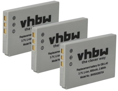 vhbw 3X Batterie Remplacement pour Sanyo DB-L40AU, DB-L40 pour caméra vidéo caméscope (800mAh, 3,7V, Li-ION)