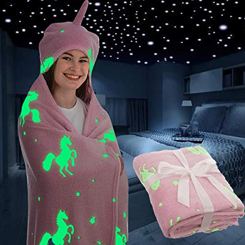 FiNeWaY Glow in The Dark Hooded Throw Blanket Flannel Moon Star Unicorn Gifts for Kids Girls Boys Hoodie Adults Cosy Warm Super Soft Plush Fleece Faux Fur (Unicorn Pink)
