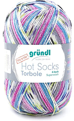 Gründl Hot Socks Torbole Pelote de laine pour chaussettes 75% laine vierge et 25% polyamide 4 fils pour chaussettes 100 g/420 m Taille des aiguilles 2,5 à 3 mm 100 g Lavande/capri/prune/blanc/vert