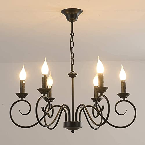 JIINOO Kronleuchter im Traditionellen Landhausstil, Vintage Höhenverstellbarer Kerzenleuchter aus Eisen Deckenlampe, 6 E14 Lichter Bauernhaus klassische Pendelleuchte für Küche Esszimmer Wohnzimmer