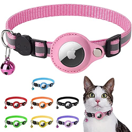 LZXLXS Airtag Cat Collar Reflective Adjustable Cat GPS Tracker Collar with Safety Buckle and Bell, Pink