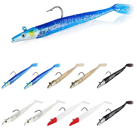 Figarge Gummifische mit Jigkopf Gummifische Set Gummiköder zum Süßwasser Salzwasser Gummifische für Hecht Köder, Barsch Köder Set, Zander Gummiköder, Angelköder Forelle Tackle 11cm 10Pcs