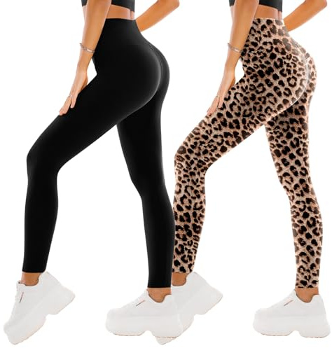 SINOPHANT 2 Confezione Leggins Sportivi Donna a Vita Alta, Pantaloni Yoga Controllo della Pancia Opaco Elastici Leggings,XXL,Nero/Leopardo
