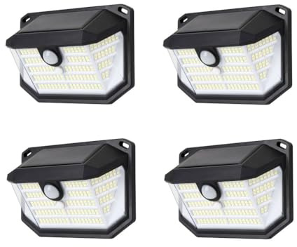 4 Pack Solar Outdoor Solar Security Lights Outdoor Motion Sensor 230 LEDs 3 Modes 300° Wide Angle Solar Garden Lights IP65 Waterproof Solar Wall Light for Front Door Garage Fence Yard Garage