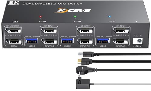 YOUTINGHDAV USB 3.0 KVM Switch 3 PC 2 Monitore Displayport 4K@144Hz, KVM Switch Dual Monitor Displayport 1.4 für 3 PC und Maus Tastatur, mit Wired Remote
