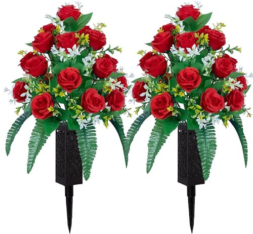 DONODA 2 Sets of Artificial Cemetery Flowers， Outdoor Grave Decorations Roses，Accompanied by 2 Long Nail Vases，Lasting and Non-Bleed Colors. (18 Heads (red))