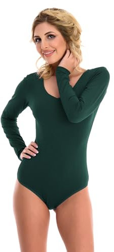 Magi Langarm Damenbody | Stringbody mit Rundhals |Overall Bodysuit Ballett Trikot für Frauen | Unterzieh-Body mit optimaler Passform | sportlicher Tanz-Body (S, Dunkel Grün)
