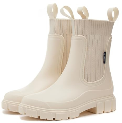 MIEHUIAI Botas de Agua Mujer Chelsea Impermeables Botas de Lluvia Botines de Caucho Comodos Antideslizante Zapatos de Jardin Rain Boots(Beige,37 EU)