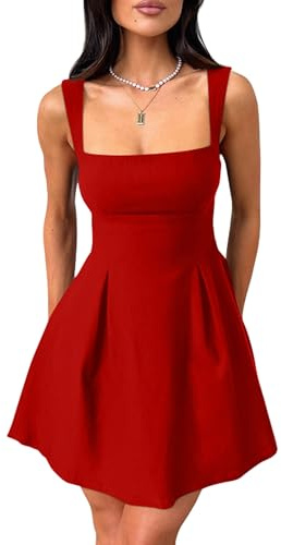 YMDUCH Women's Sexy Sleeveless Square Neck Adjustable Straps Bow Tie A-line Mini Party Club Dress Red Medium