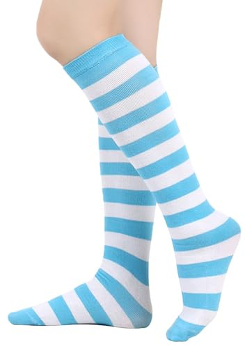 BAOKELAN Calcetines largos hasta la rodilla para niños, a rayas, informales, hasta el muslo, Blanco Azul Claro, One Size