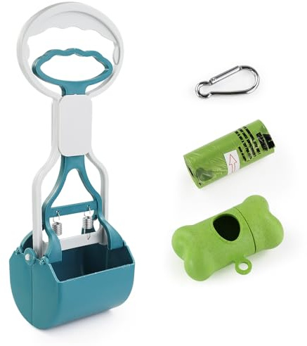 Andiker Cane Pooper Scooper con Manico Corto, 10.26 Alta Doppia Molla Pet Pooper Scooper con 1 Rotolo di Cane Poop Bag e un Dispenser facile da usare Cane Poop Scooper (Verde)