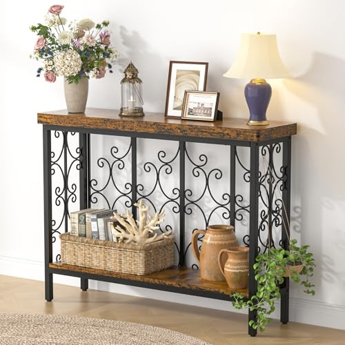 ikkle Console Table - 42.5 Industrial Hallway Table with 2-Tier Storage Shelf, Wood Behind Sofa Table Plant Stand Shelf TV Stand for Entryway, Living Room, Foyer, Rustic Brown